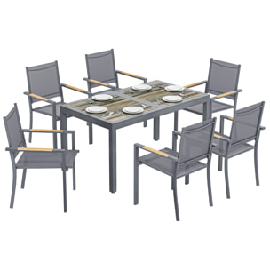 Conjunto de Mesa y Sillas Jardín de 7 Piezas, Muebles Jardín Exterior con Mesa de Plástico PSPC, 6 Sillas Apilables Transpirables, Marco de Acero Resistente a la Intemperie, Gris Oscuro
