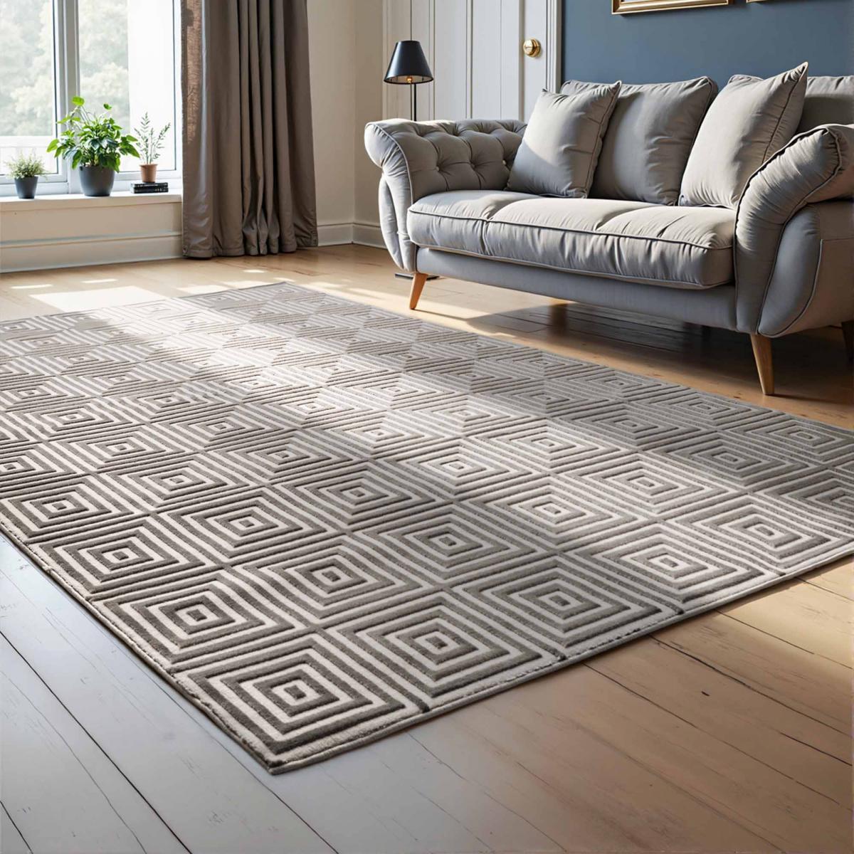 Tapis salon, motif géométrique relief, taur, chaleureux