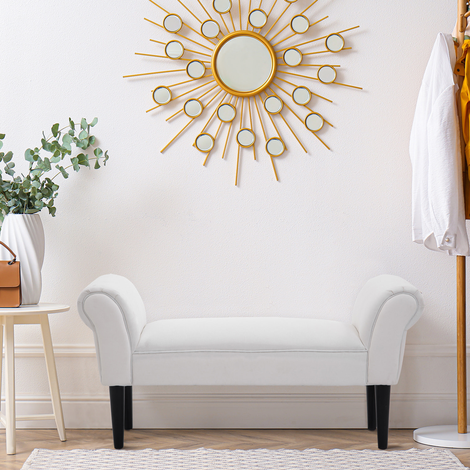 Taburete Pie de Cama Banqueta con Brazos Tapizada tipo Banco de Madera para Dormitorio Salón Recibidor 102x36x51cm Carga 130kg