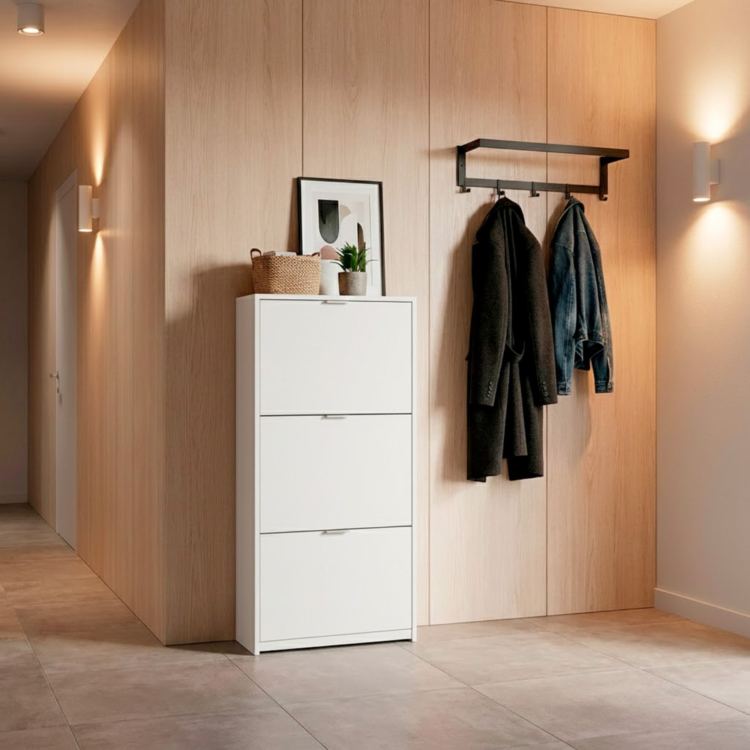 Scarpiera A Ribalta Salvaspazio 3 Ante E 6 Ripiani Mobile Portascarpe Fino A 20 Paia Di Scarpe Ingresso Corridoio Retro Porta 113 x 60 x 22 Cm Bianco