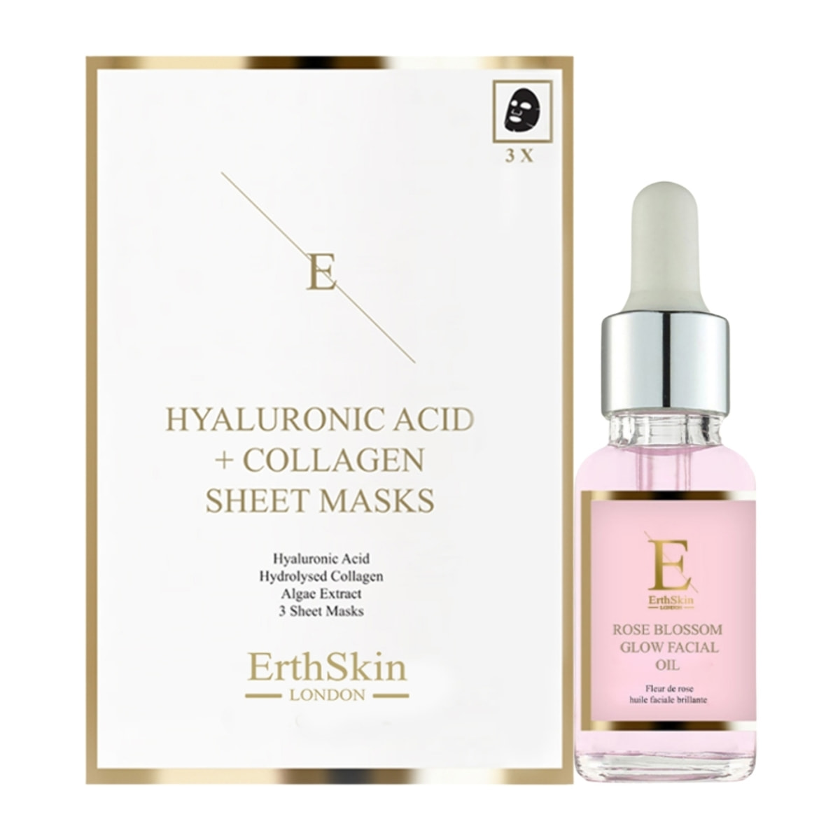 Aceite facial iluminador Rose Blossom + mascarilla de ácido hialurónico y colágeno (3 láminas)