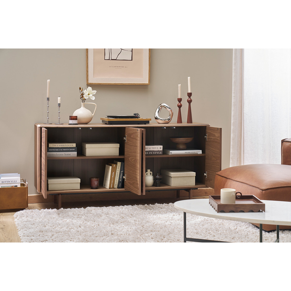 Buffet vintage en bois foncé noyer 4 portes L160 cm SUVA