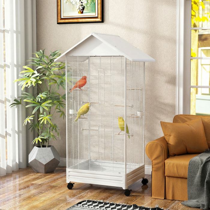 Cage à oiseaux sur roulettes tiroir amovible acier blanc