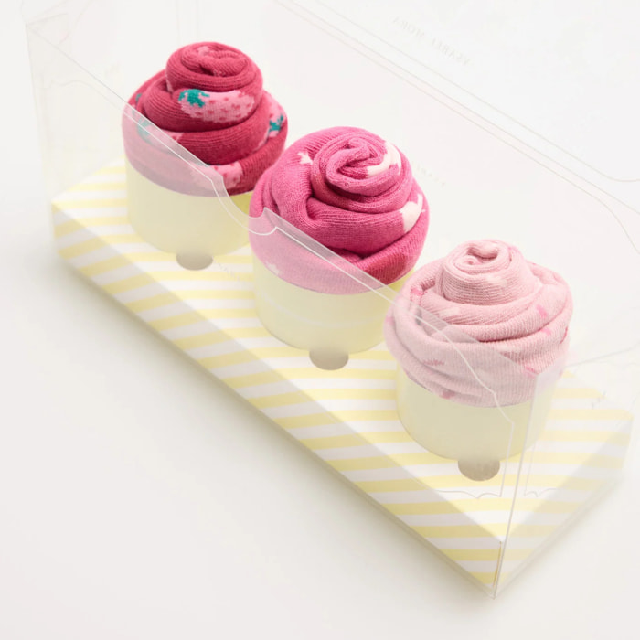 Confezione regalo di 3 calzini a forma di muffin alla fragola