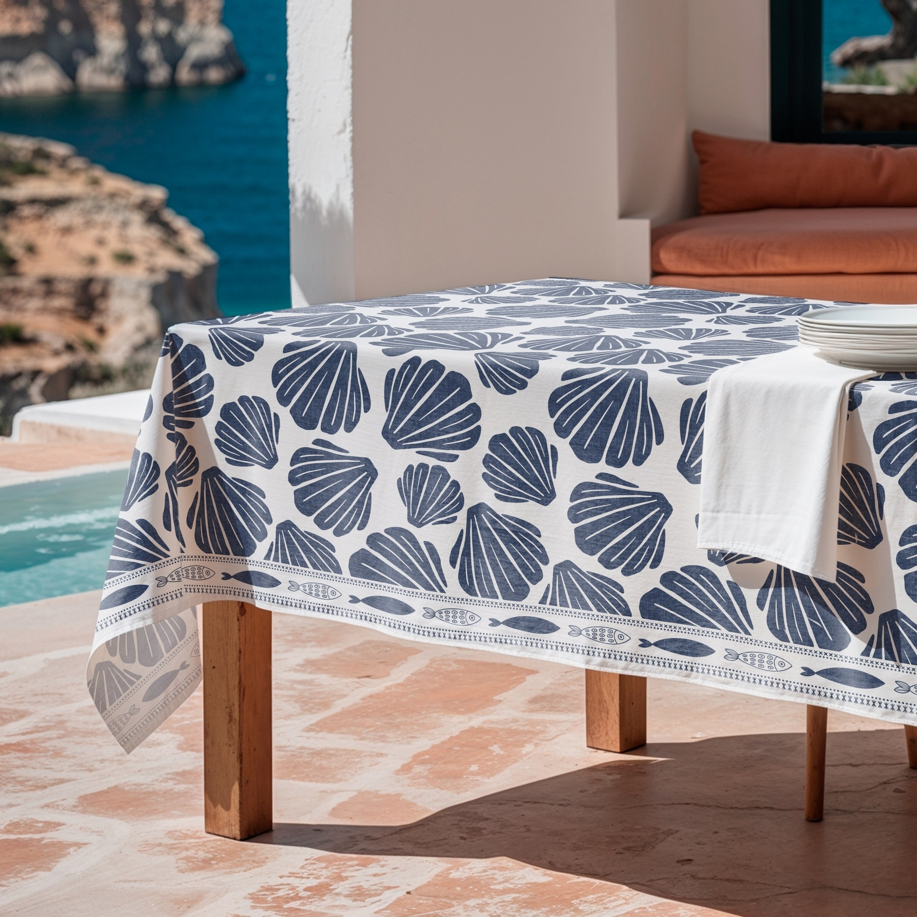 Nappe imprimée anti-tâches COQUILLAGE BLEU