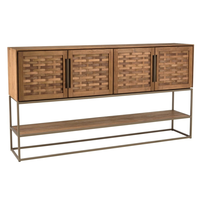 SIXTINE - Buffet en bois de teck recyclé 4 portes en tissage de bambou