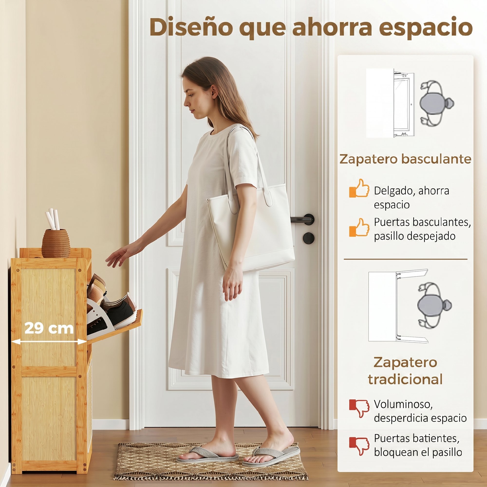 Zapatero Estrecho de Bambú con 2 Cajones Abatibles de Ratán, Mueble Zapatero Bohemio con Estantes Ajustables, para 12-14 Pares de Zapatos, para Pasillos, Entradas, 69x29x83 cm, Natural