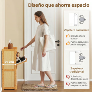 Zapatero Estrecho de Bambú con 2 Cajones Abatibles de Ratán, Mueble Zapatero Bohemio con Estantes Ajustables, para 12-14 Pares de Zapatos, para Pasillos, Entradas, 69x29x83 cm, Natural