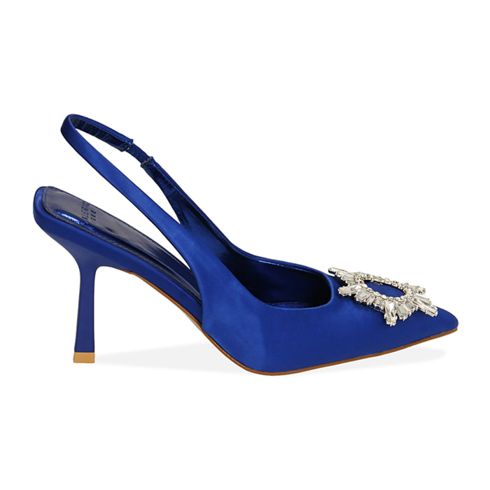 Slingback blu in raso, tacco 7,5 cm