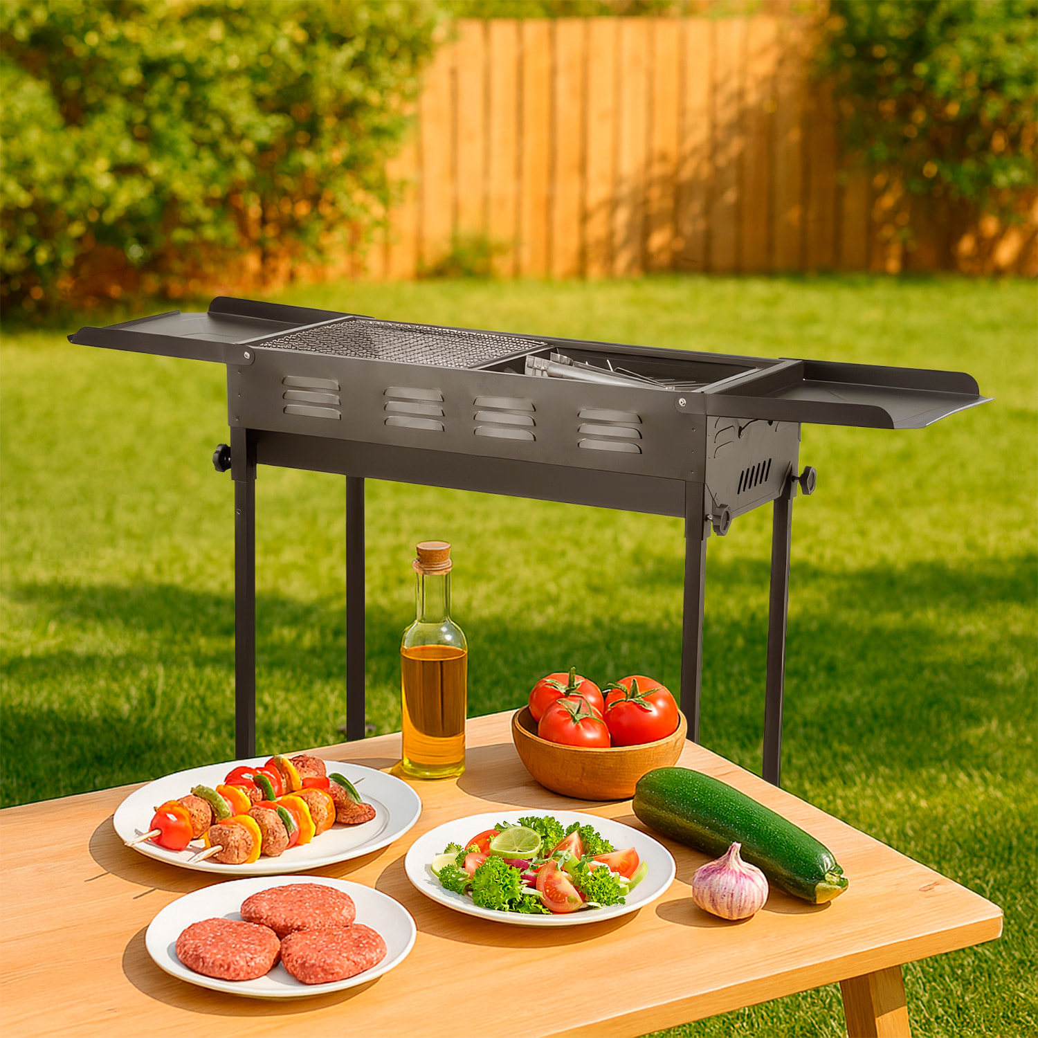 Barbacoa portátil de carbón QT-KL-055 con amplia superficie de cocción, patas desmontables, asas laterales y acabado resistente.