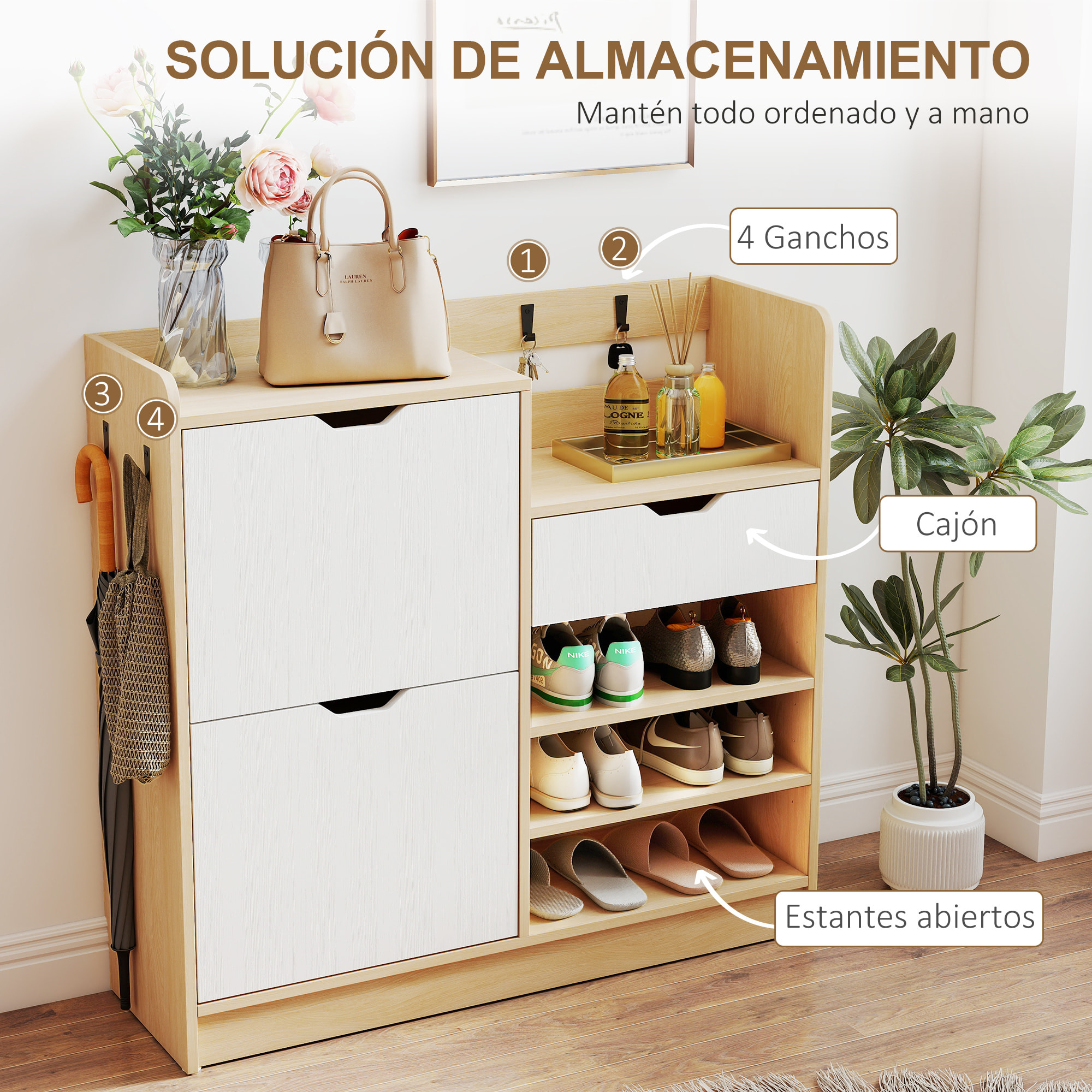 Zapatero Estrecho con 2 Puertas, Zapatero Entrada Recibidor con Estantes Ajustables, Cajón, Estantes Abiertos, 4 Ganchos, para 14 Pares de Zapatos, 93x30x90 cm, Natural y Blanco
