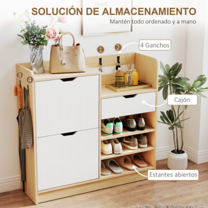 Zapatero Estrecho con 2 Puertas, Zapatero Entrada Recibidor con Estantes Ajustables, Cajón, Estantes Abiertos, 4 Ganchos, para 14 Pares de Zapatos, 93x30x90 cm, Natural y Blanco