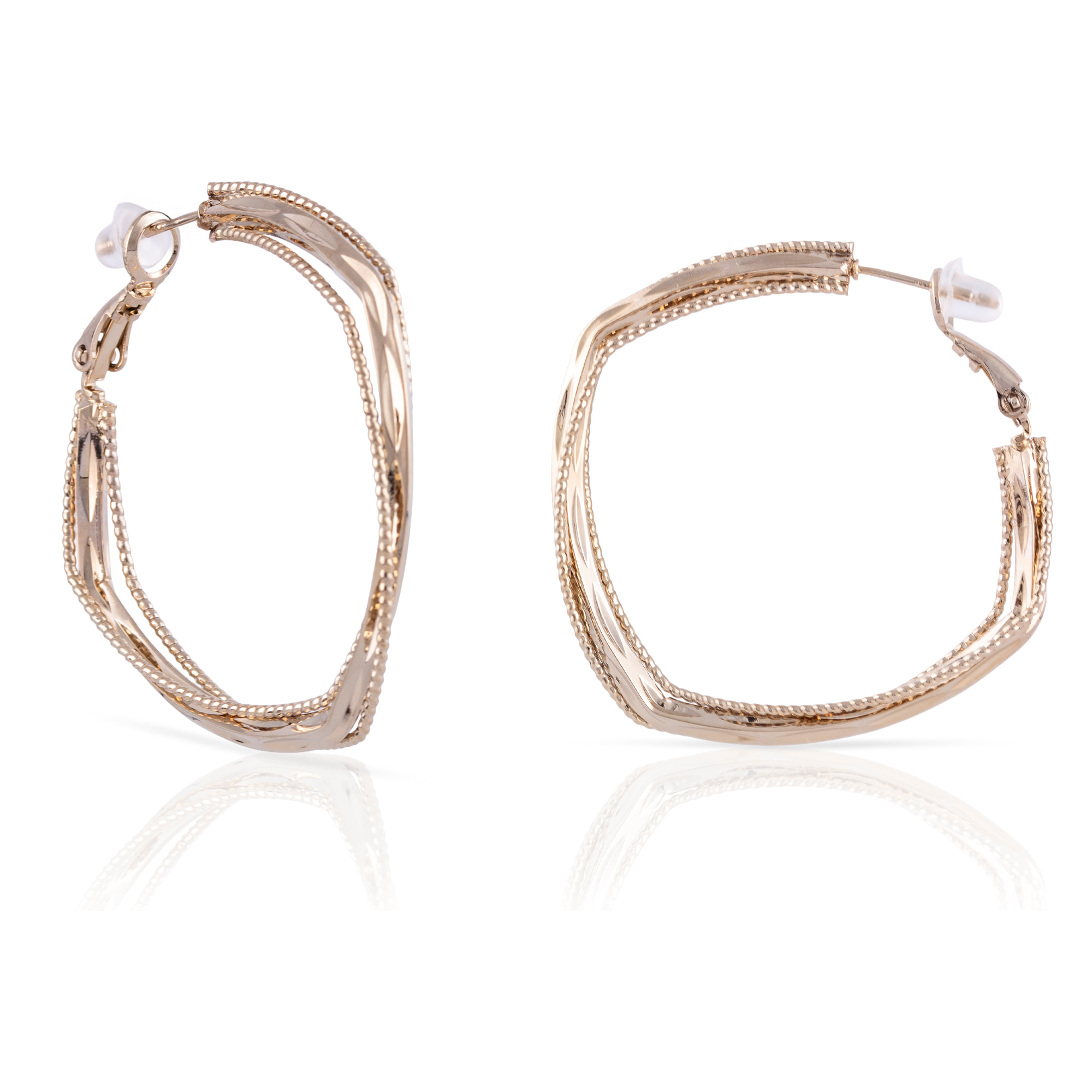 Pendientes de aro con diseño geométrico de cobre con recubrimiento electroplateado brillante, 40 mm, con cierre catalán en plata de ley 925.