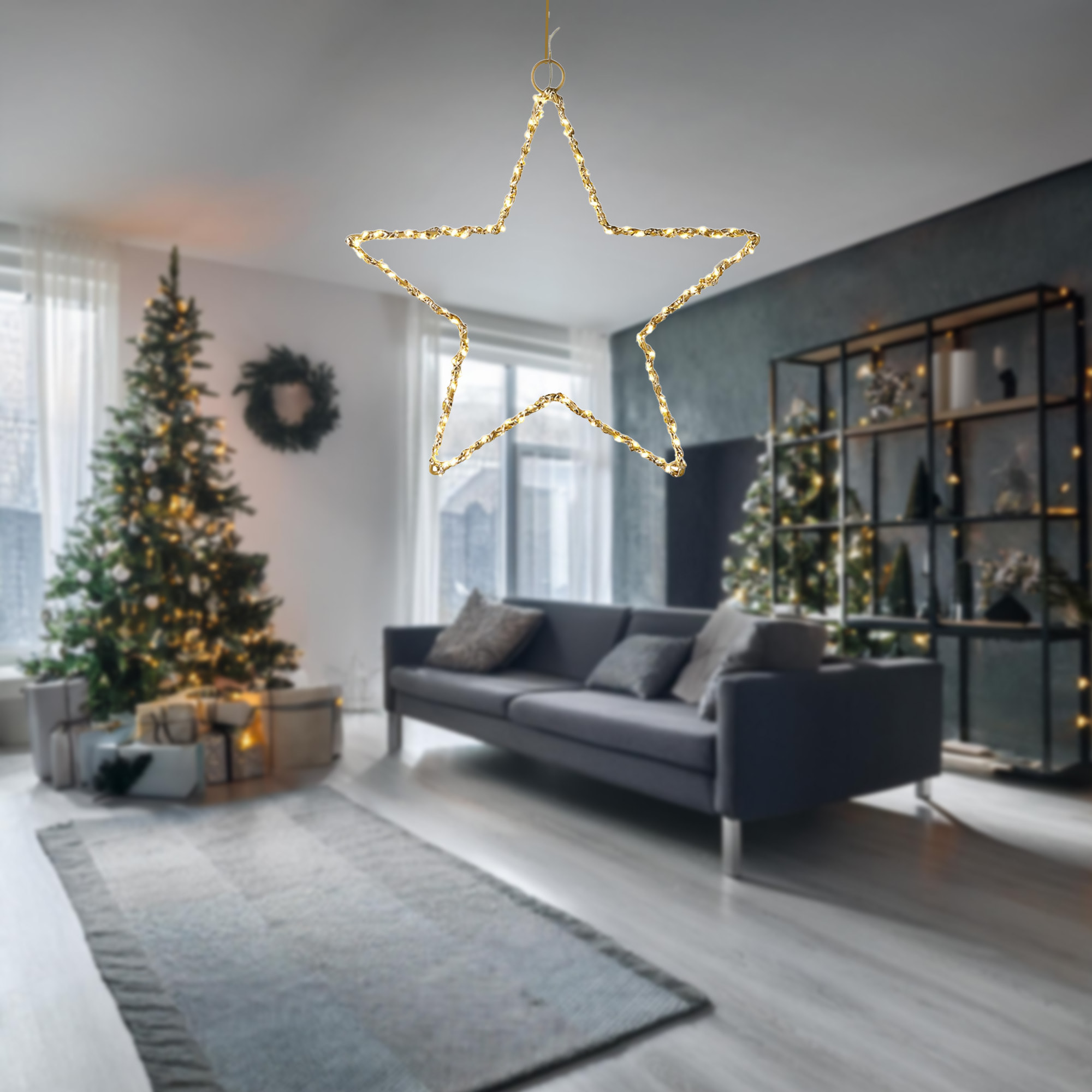 estrellla luminosa de metal dorado con 120 luces led 30x0,5x30cm