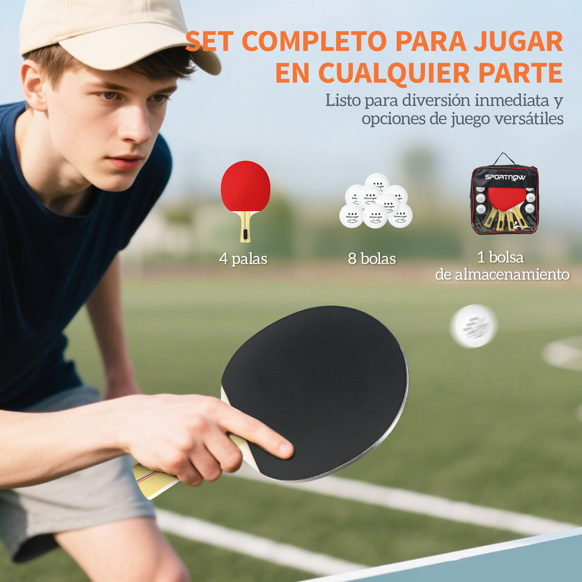 Palas de Ping Pong, Juego de Tenis de Mesa Portátil, con 4 Raquetas de Ping Pong, 8 Pelotas y Estuche de Transporte, para Principiantes, Expertos, Interior y Exterior Rojo