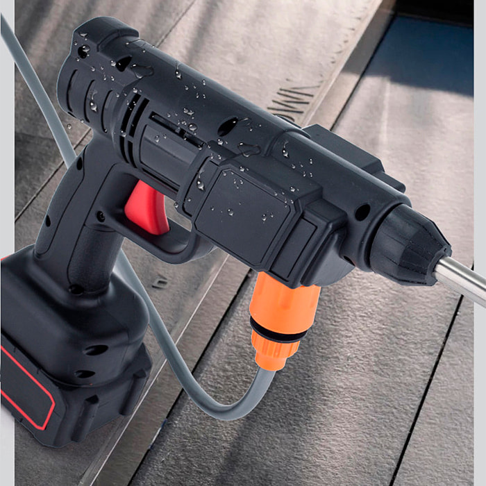 Pistola di lavaggio a pressione senza fili con batteria integrata da 6500 mAh e 3 adattatori di lavaggio diversi.
