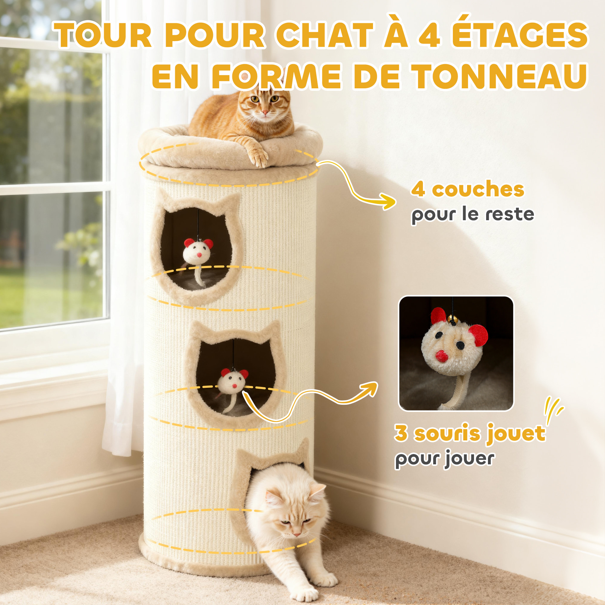 Tour à griffer pour chat - arbre à chat - 3 niches, 3 jouets, panier haut - sisal peluche beige