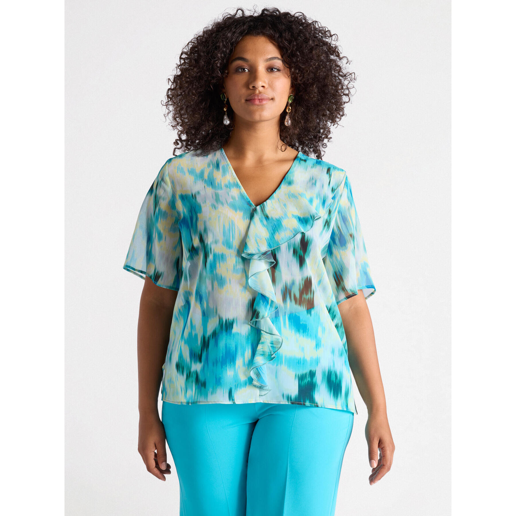 Fiorella Rubino - Blusa stampata con volant - Verde acqua