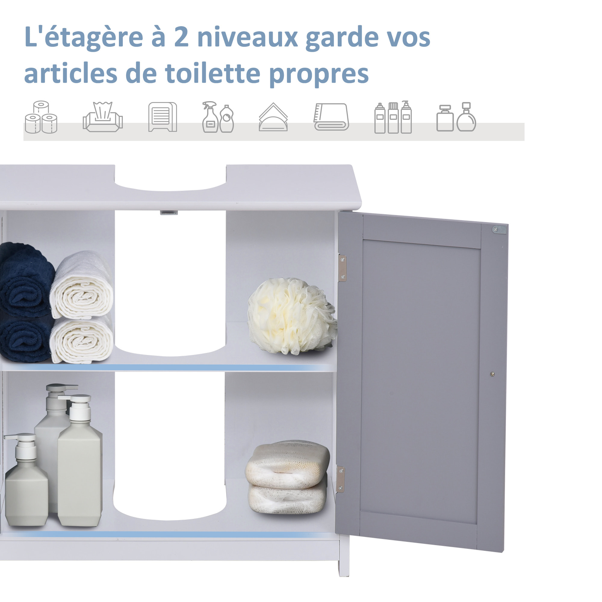 Meuble salle de bain - meuble sous-vasque - placard 2 portes avec étagère - dim. 60L x 30l x 60H cm - MDF gris blanc