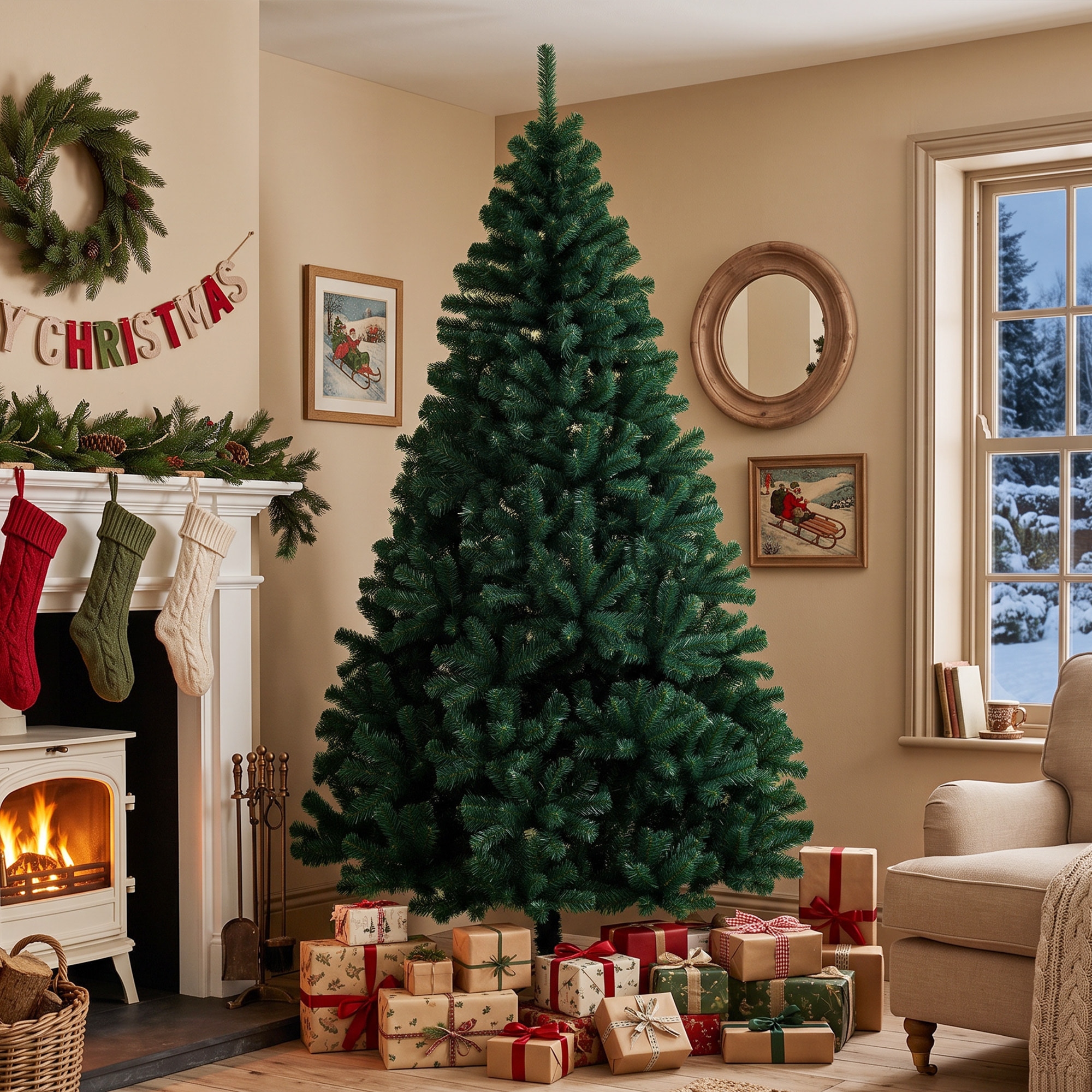 Árbol de Navidad Artificial de 230 cm, Árbol de Navidad de Abeto con Ramas Articuladas, 1300 Puntas de PVC Ignífugo, Montaje Rápido, Soporte de Acero Plegable, Verde