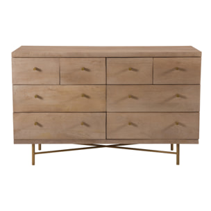 Commode 8 tiroirs en bois de manguier et pieds en métal doré - Bran