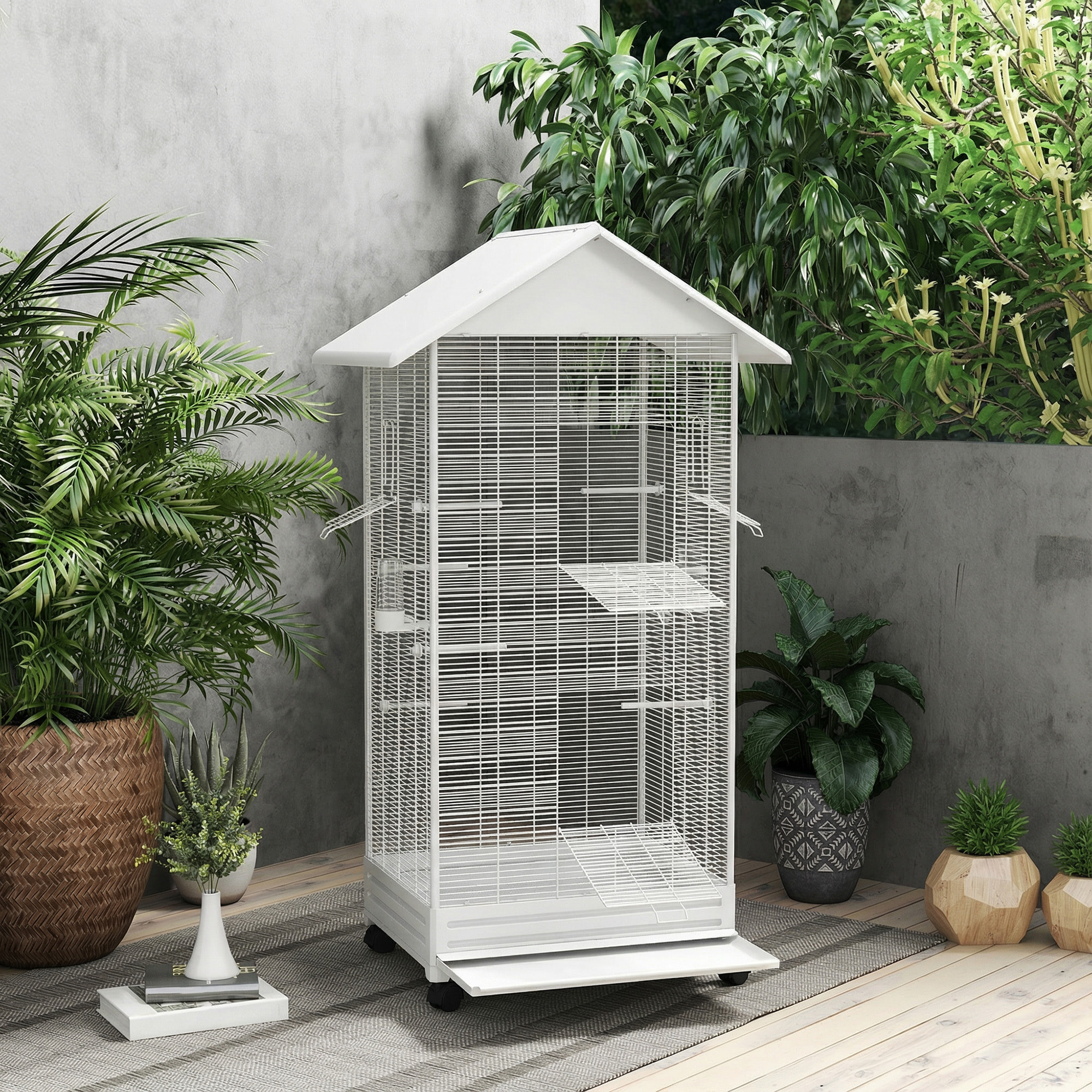 Cage à oiseaux sur roulettes tiroir amovible acier blanc