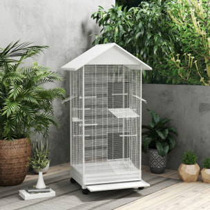 Cage à oiseaux sur roulettes tiroir amovible acier blanc