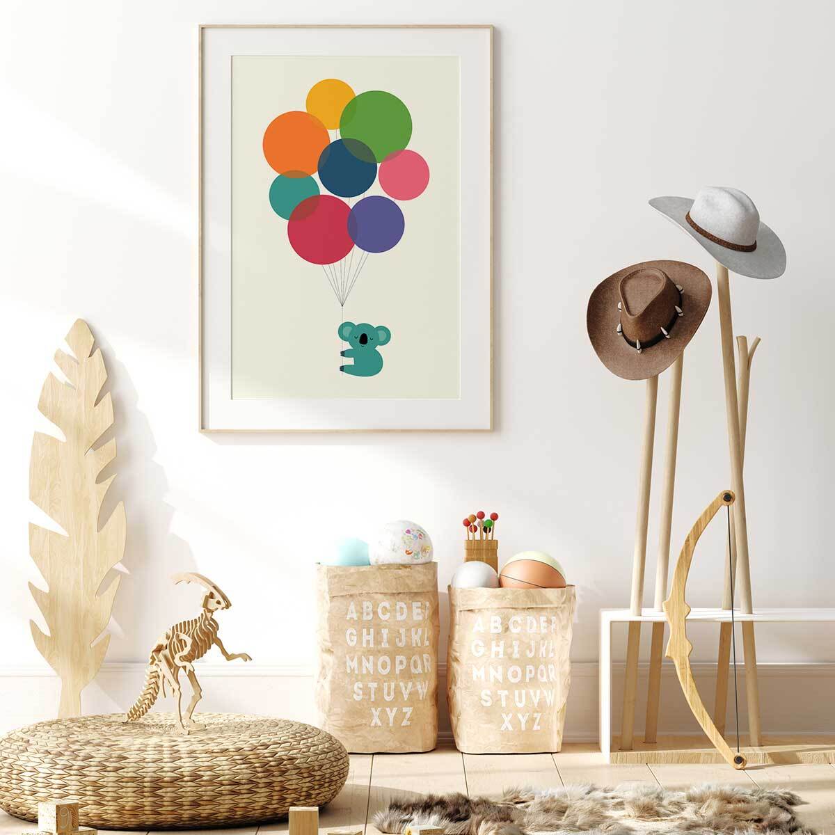 Affiche enfant koala ballon  Affiche + cadre en bois - Chêne