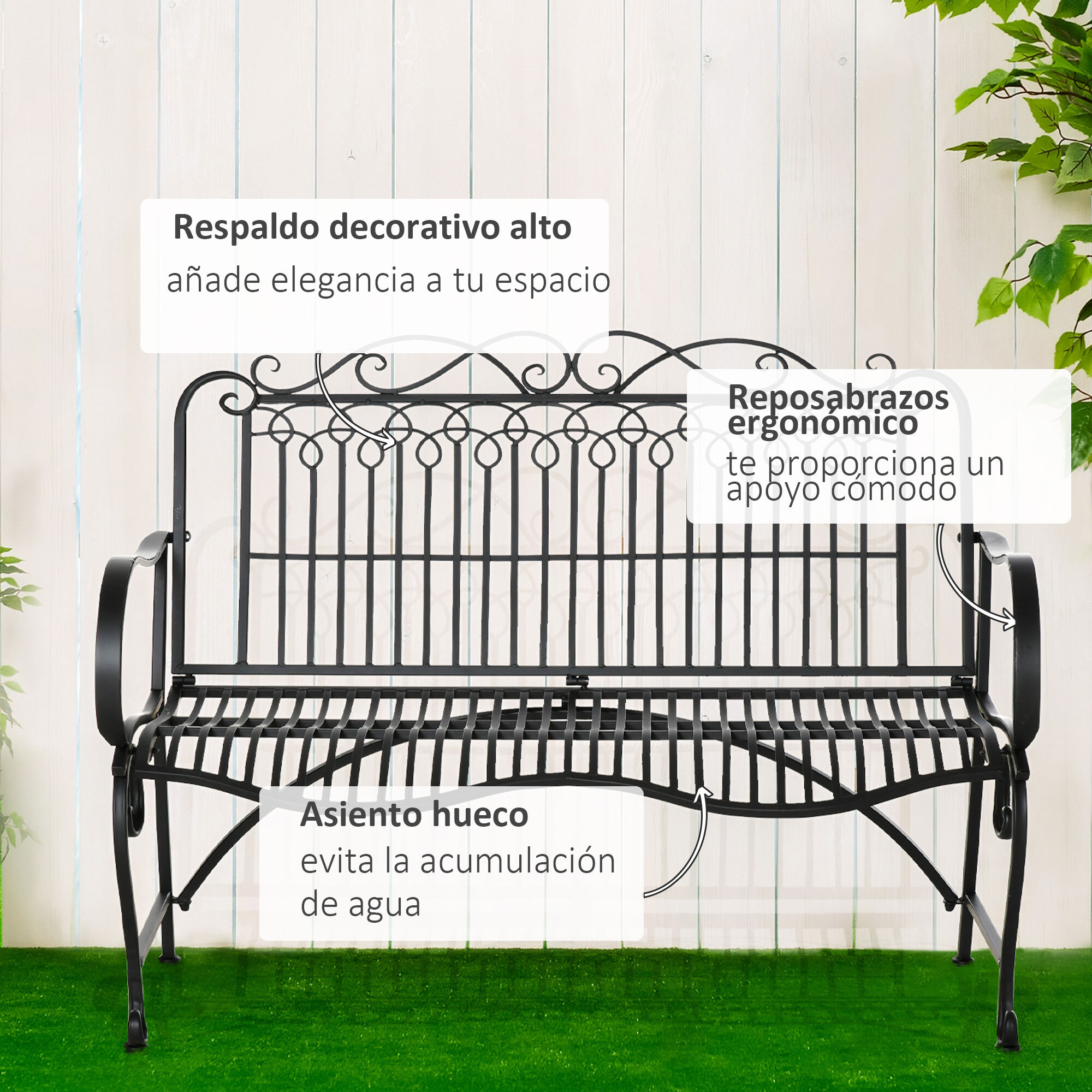 Outsunny Banco Jardín 2 Plazas 110x60x97 cm con Reposabrazos Carga 200 kg Negro