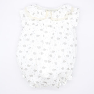 Pelele estampado de erizos, con volante en el cuello y en la sisa.