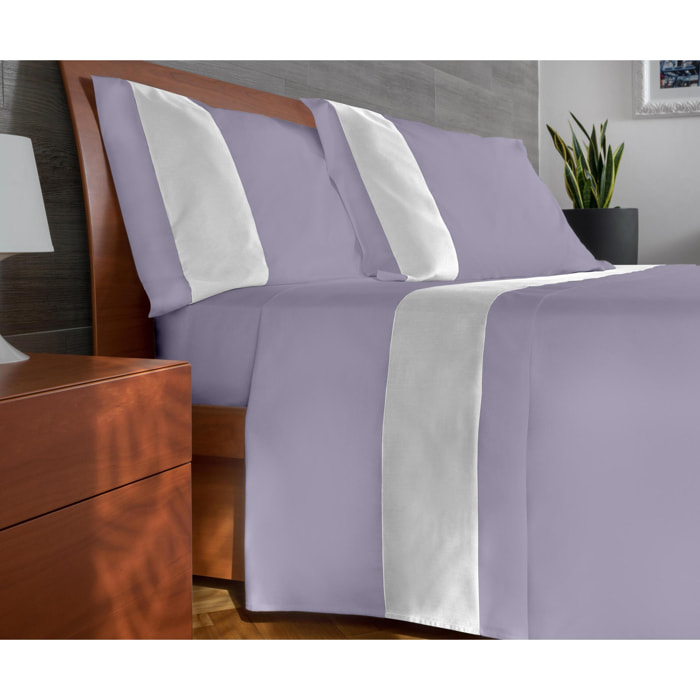 Completo letto bordo RASO IPERSAN Puro Cotone Bianco fondo Glicine