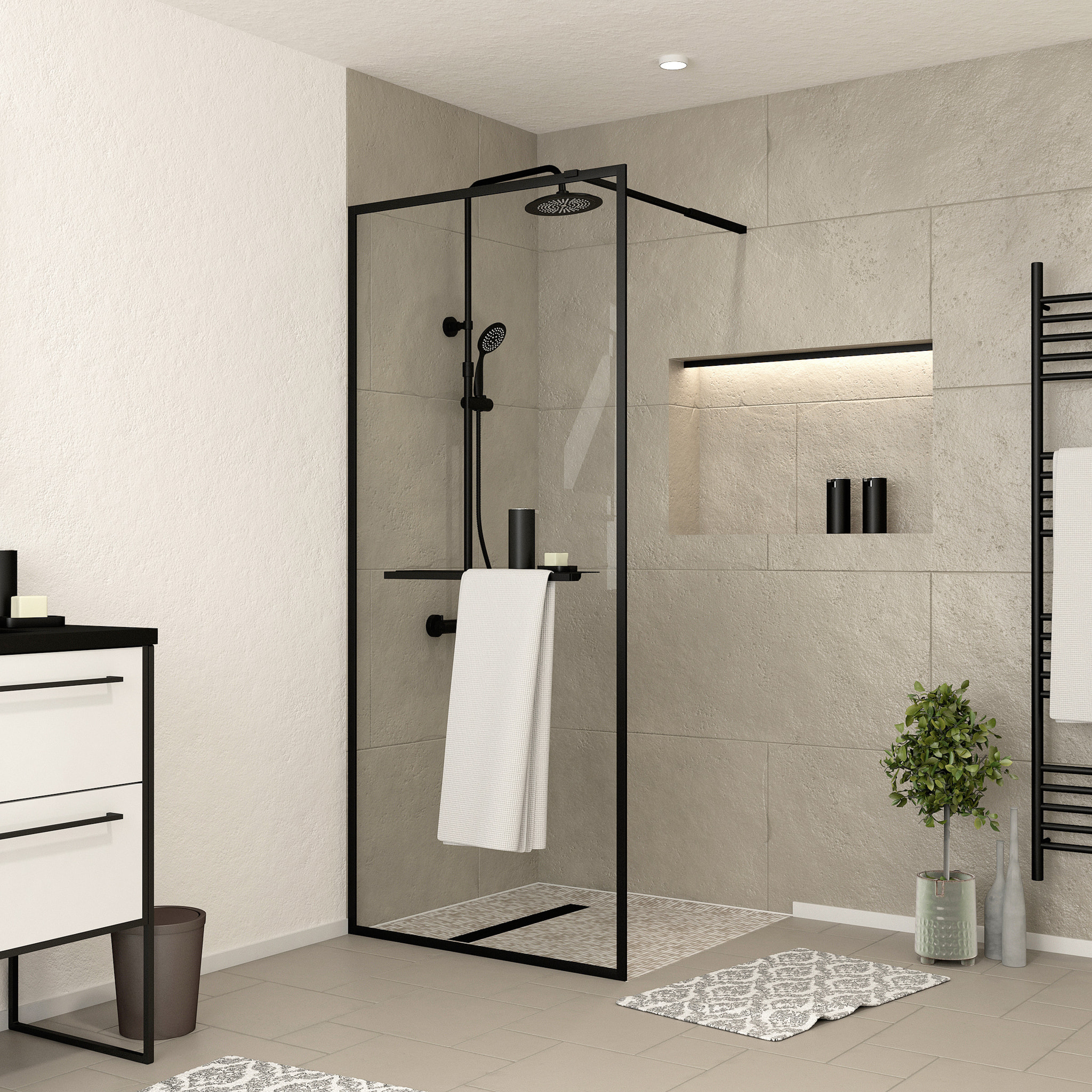 Paroi de Douche Noir Mat 80x200cm - Porte-serviette et étagère - DARK CONTOURING SHELF