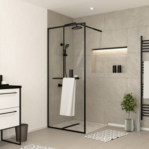 Paroi de Douche Noir Mat 80x200cm - Porte-serviette et étagère - DARK CONTOURING SHELF