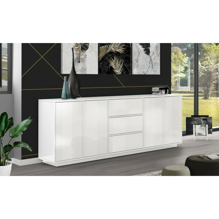 Credenza Jack, Madia da cucina a 4 ante e 3 cassetti, Buffet da soggiorno, 100% Made in Italy, cm 220x41h86, Bianco lucido