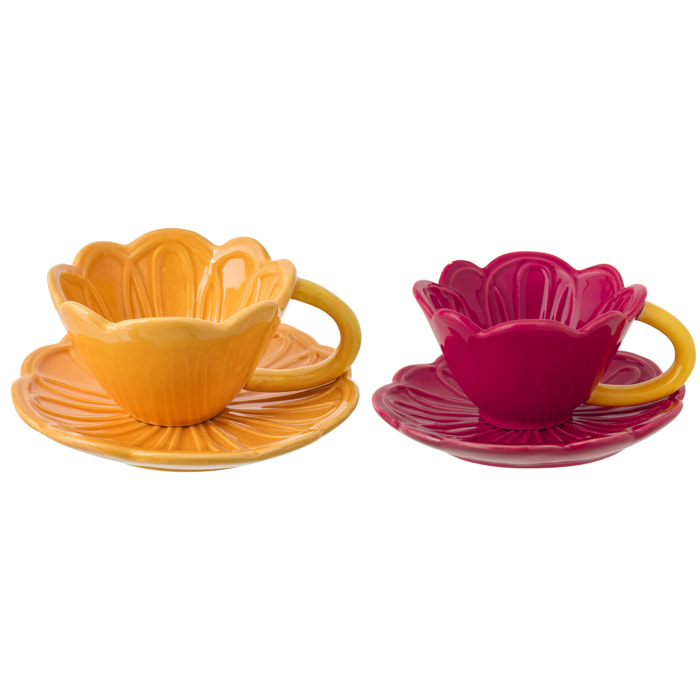 J-Line Tasse à Thé + Sous-tasse Fleur - porcelaine - rouge foncé/jaune chaud - 2 pièces