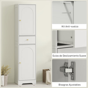 Armario Alto de Baño Estrecho con 2 Puertas Arqueadas Cajón y Estantes Ajustables Columna de Baño Estilo Moderno para Salón Aseo Cocina 40x29,5x170 cm Blanco Veteado