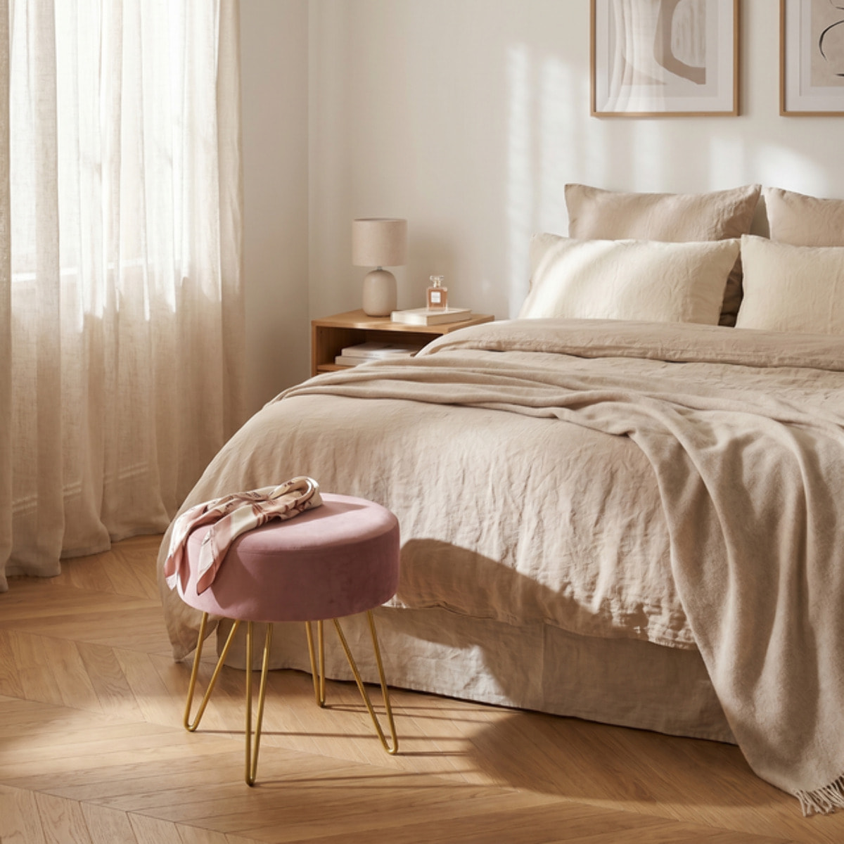 Pouf Tondo in Velluto con Gambe Dorate, Sgabello Imbottito dal Design Elegante e Moderno per Soggiorno, Camera da Letto, Ingresso e Toeletta