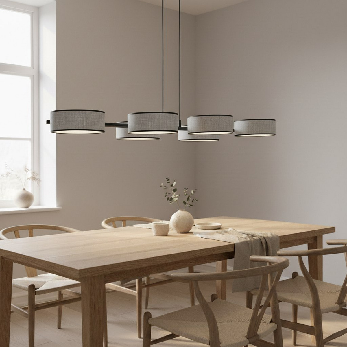 Lampada a sospensione DRUMZ 6 in acciaio nero e tessuto grigio