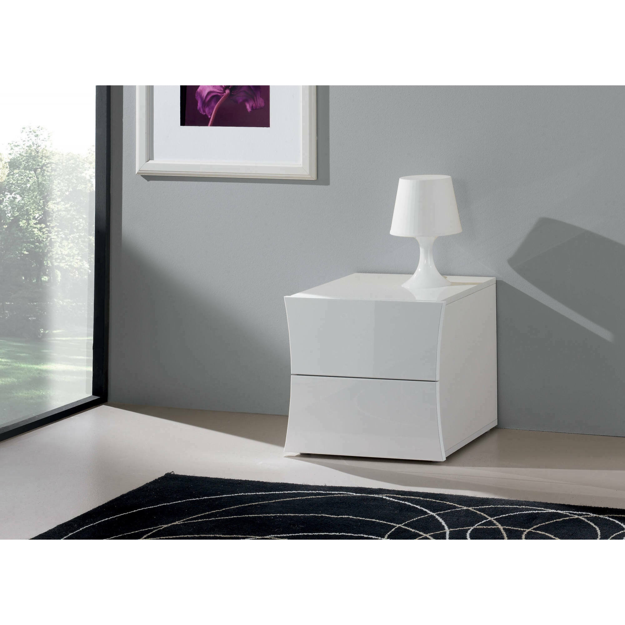 Comodino moderno a 2 cassetti, Made in Italy, Tavolino da notte, Mobiletto per camera da letto, cm 50x40h41, colore Bianco lucido