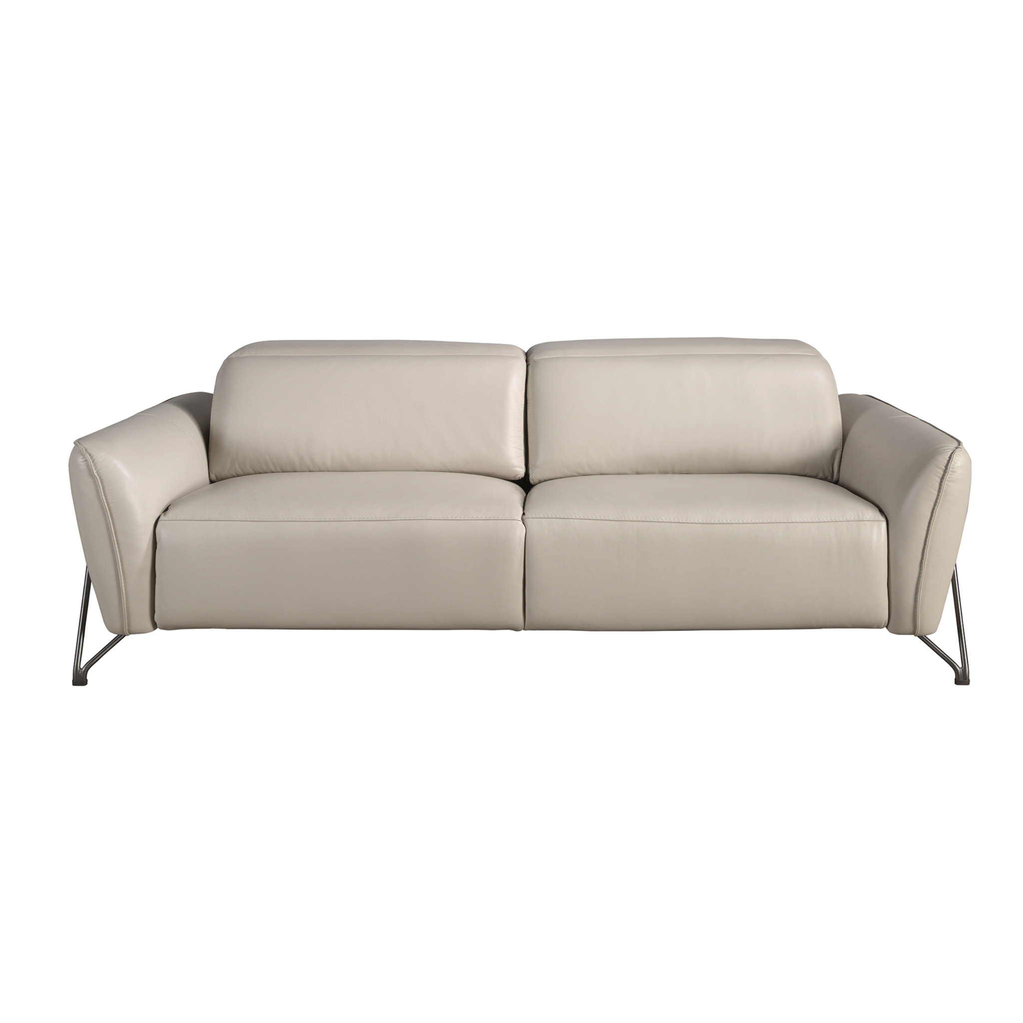 Sofá relax de 3 plazas tapizado en piel de origen vacuno en arena con reposacabezas patas de acero inoxidable oscurecido 2 sistemas de relax eléctrico 213x111x104cm