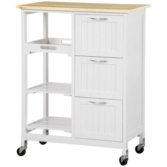 Carro Auxiliar de Cocina Carrito Verdulero con 3 Cajones 2 Estantes Abiertos y Bandeja Extraíble para Comedor Salón BCarga 40 kg 67x37x87 cm Blanco