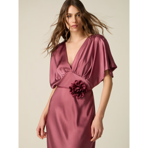 Oltre - Vestito lungo in raso con applicazione floreale - Rosa
