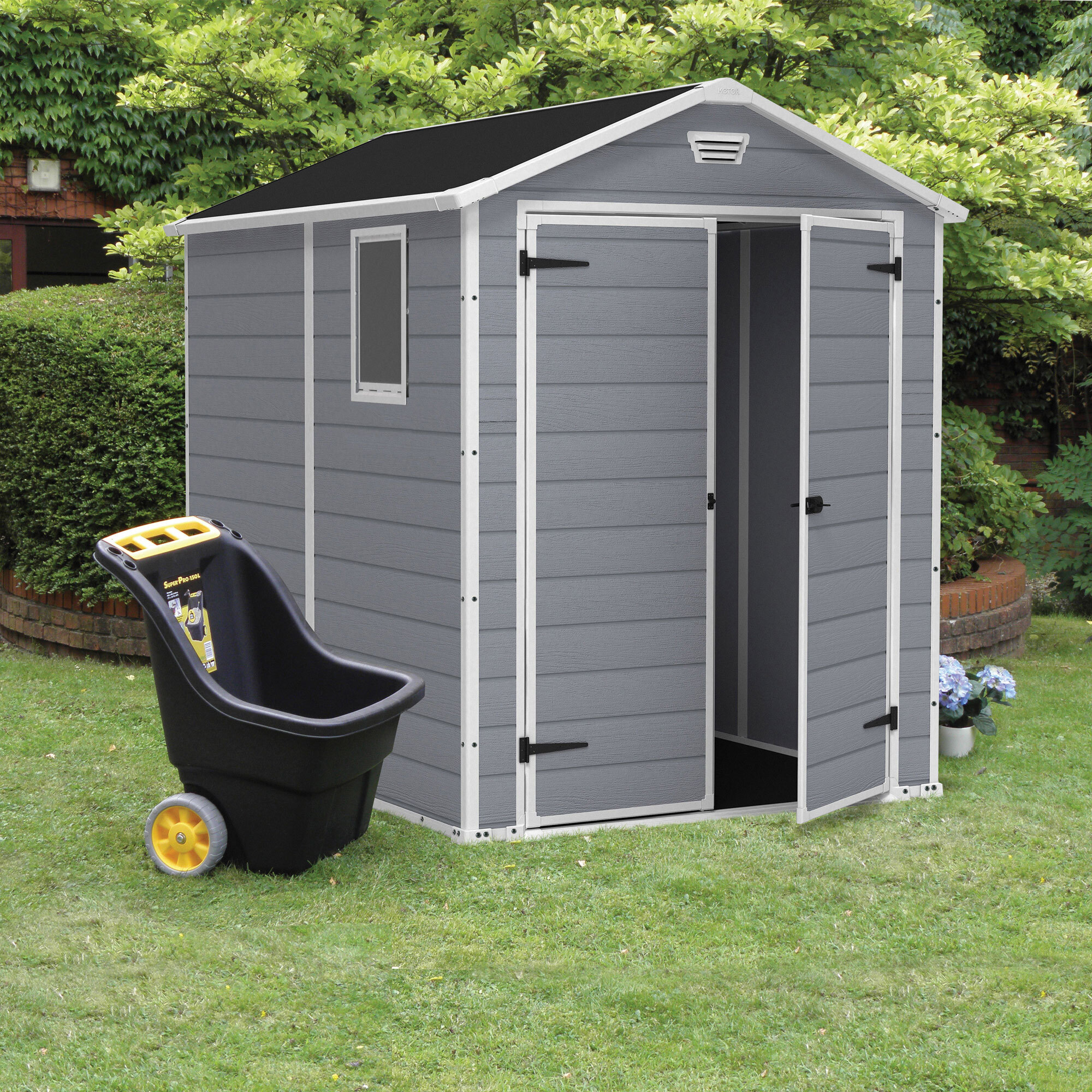 Manor 6x8 - Casetta da Giardino 185,80x227x236,80 cm 2 Ante per deposito attrezzi finitura effetto legno graffiato in Resina Grigio