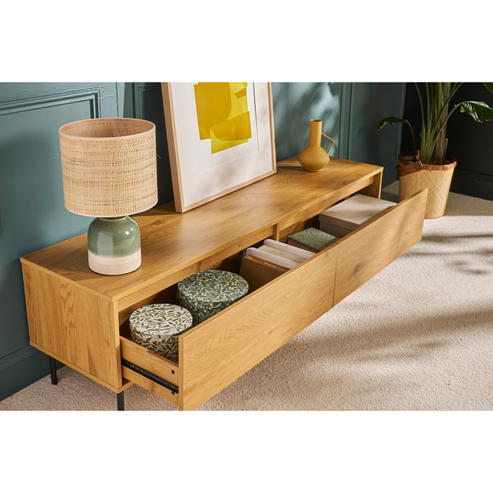 Meuble TV finition bois clair chêne 2 tiroirs L160 cm ARAGON