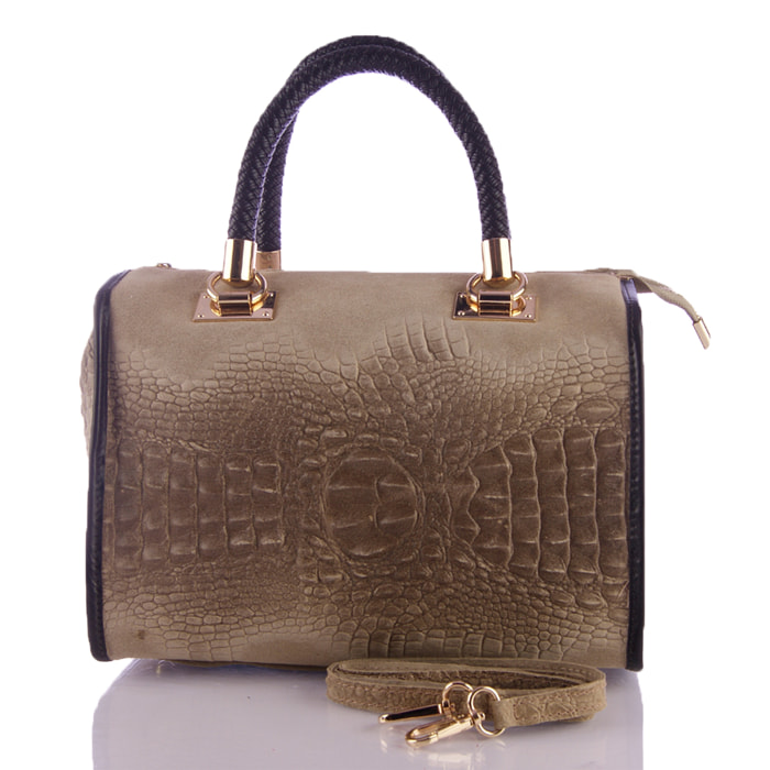 FIRENZE ARTEGIANI Borsa Tote da Donna Anacapri. Vera Pelle Scamosciata Incisione Coccodrillo Made in Italy 30x15x22 Cm. Colore: Tortora
