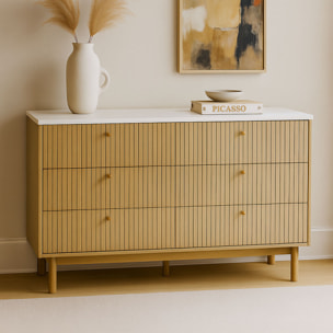 MIRANDELA Buffet 6 tiroirs aspect bois rainuré et blanc 120cm
