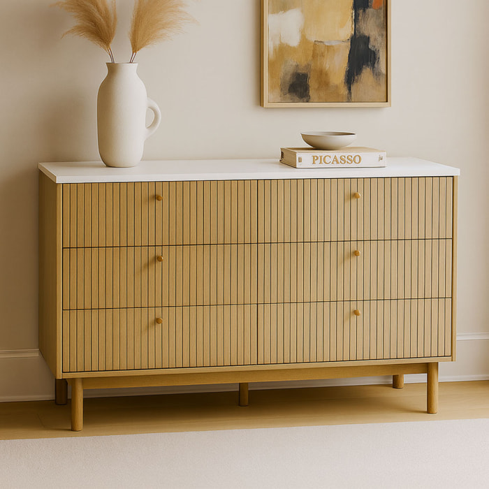 MIRANDELA Buffet 6 tiroirs aspect bois rainuré et blanc 120cm