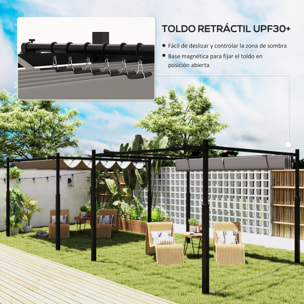 Pérgola de Jardín 3x3 m con Techo Retráctil y Accesorio Magnético, Cenador de Jardín con Protección UV30+, Columnas Metálicas y Ganchos, Pabellón para Patio, Terraza, Exterior, Gris