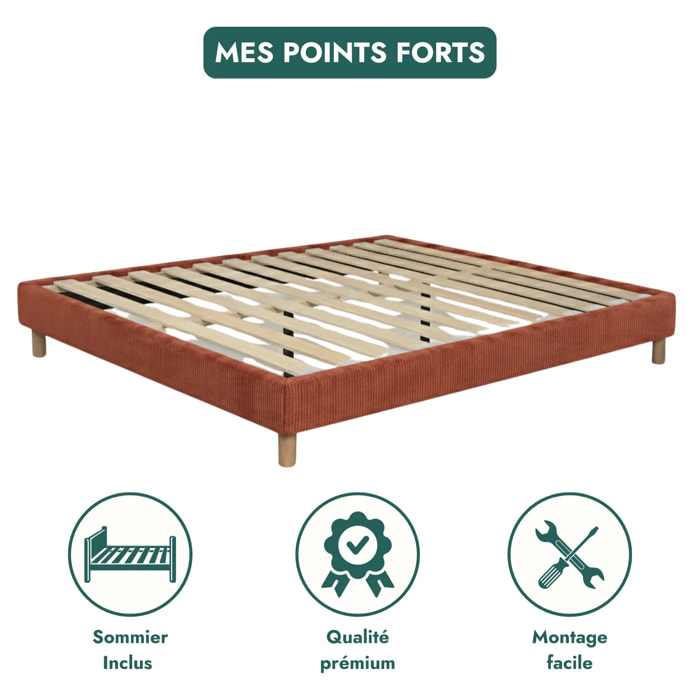 Lit Déco Cancun | Cadre à lattes | Robustesse et confort | Montage simple rapide | Velours Côtelé | Terracotta