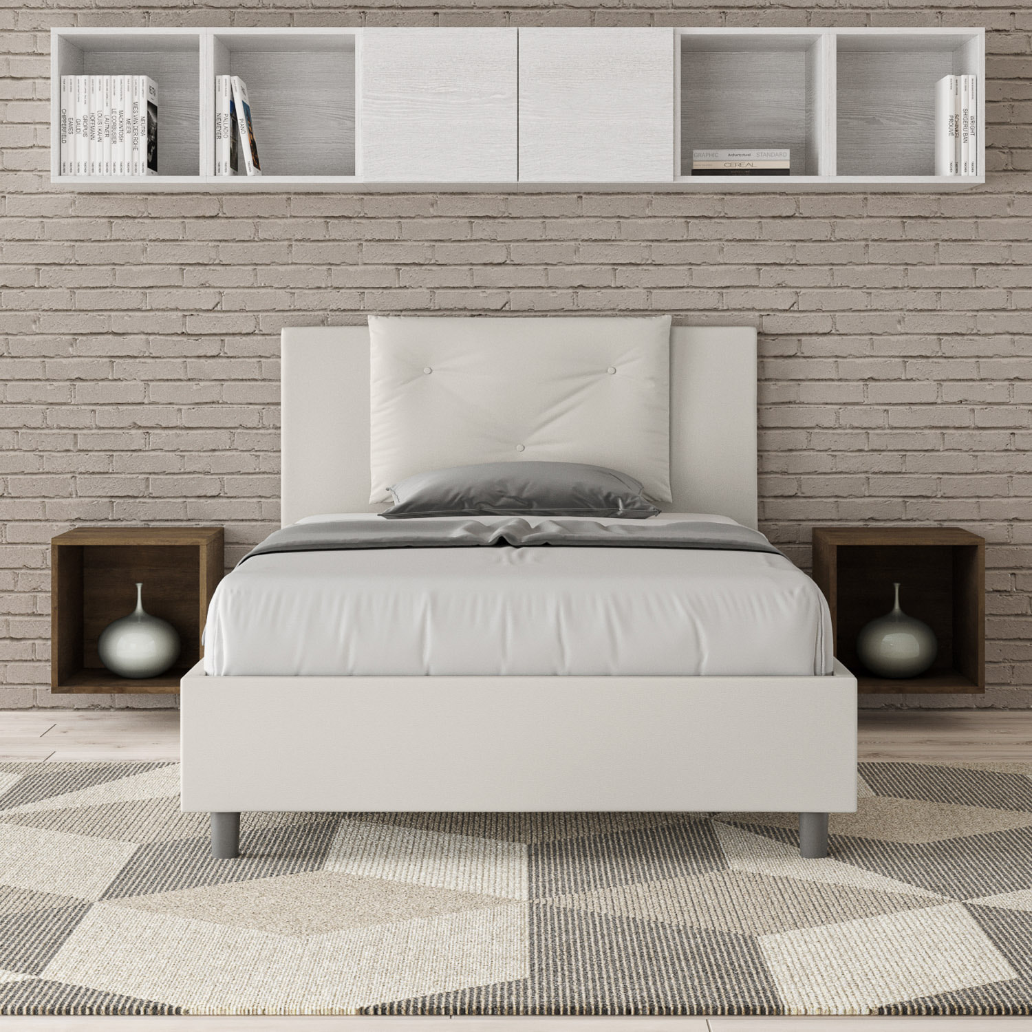 Letto una piazza e mezza contenitore imbottito 120x190 similpelle bianco Appia